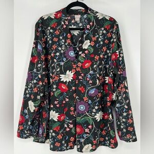 CHICO’S PULLOVER FLORAL BLOUSE VNECK BLACK W/RED PURPLE‎ BLUE FLOWERS